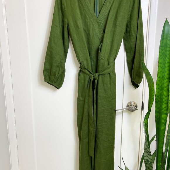 J Crew Point Sur Faux Wrap Olive Green 100% Linen Jumpsuit Size 4 - Picture 4 of 7